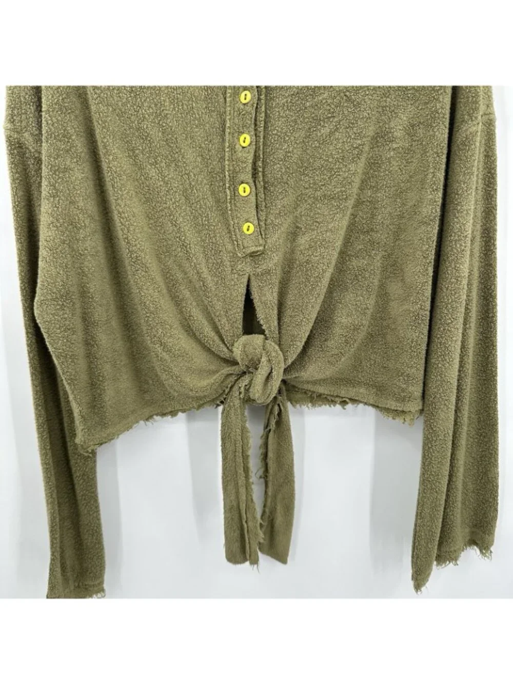 FREE PEOPLE shirt top cropped bell sleeve green MEDIUM casual boho retro tied - Picture 4 of 9